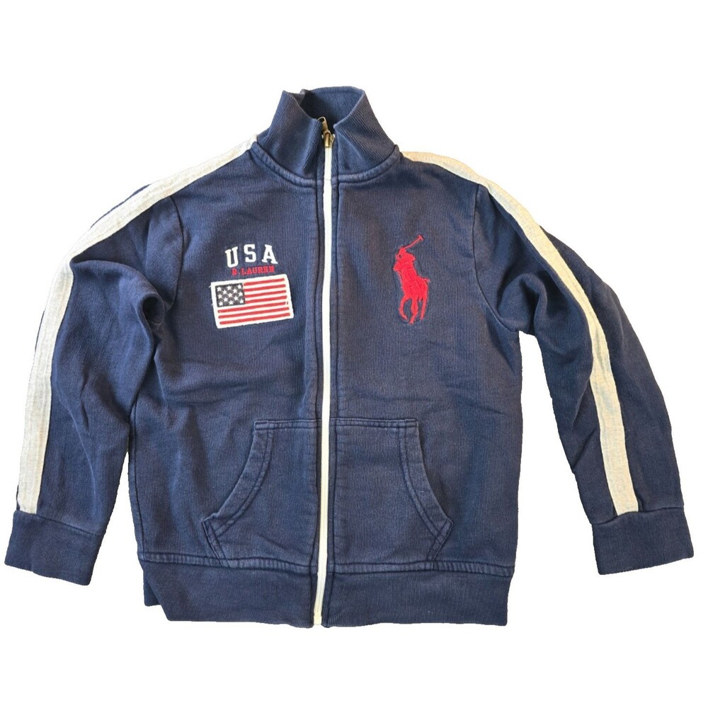 Polo Ralph Lauren USA Flag Track Jacket Navy Big Pony Kids Size 5-6